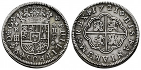 Philip V (1700-1746). 2 reales. 1721. Segovia. F. (Cal-954). Ag. 4,77 g. Minor nick on edge. Choice VF. Est...90,00. 

Spanish Description: Felipe V...