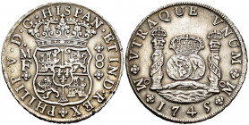 Philip V (1700-1746). 8 reales. 1745. México. MF. (Cal-1468). Ag. 26,56 g. Slightly cleaned. Almost XF. Est...450,00. 

Spanish Description: Felipe ...