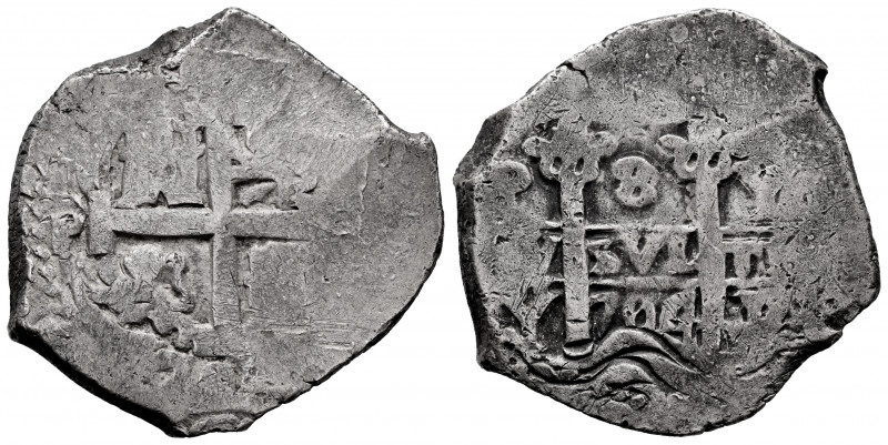 Philip V (1700-1746). 8 reales. 1704. Potosí. Y. (Cal-1539). Ag. 27,30 g. Double...