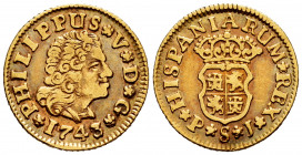 Philip V (1700-1746). 1/2 escudo. 1743. Sevilla. PJ. (Cal-1646). Au. 1,75 g. Light wavy flan. Scarce. VF. Est...150,00. 

Spanish Description: Felip...