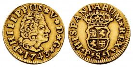 Philip V (1700-1746). 1/2 escudo. 1743. Sevilla. PJ. (Cal-1646). Au. 1,62 g. Second bust. Choice VF. Est...150,00. 

Spanish Description: Felipe V (...