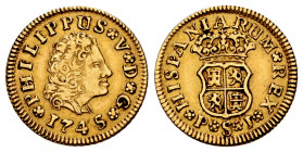 Philip V (1700-1746). 1/2 escudo. 1745. Sevilla. PJ. (Cal-1651). Au. 1,80 g. Third king´s bust. Choice VF. Est...150,00. 

Spanish Description: Feli...