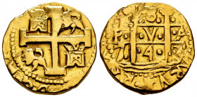 Philip V (1700-1746). 8 escudos. 1743. Lima. V. (Cal-2161). (Tauler-337). Au. 27,05 g. Used as a jewelry piece. Rare. VF. Est...3000,00. 

Spanish D...