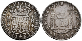 Ferdinand VI (1746-1759). 8 reales. 1753. México. MF. (Cal-479). Ag. 26,84 g. Minor striking error on edge. Almost VF. Est...220,00. 

Spanish Descr...