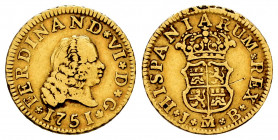 Ferdinand VI (1746-1759). 1/2 escudo. 1751. Madrid. JB. (Cal-553). Au. 1,72 g. Second bust. Scratch on reverse. Almost VF. Est...150,00. 

Spanish D...