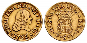 Ferdinand VI (1746-1759). 1/2 escudo. 1755. Sevilla. PJ. (Cal-578). Au. 1,75 g. Third king´s bust. Almost VF. Est...140,00. 

Spanish Description: F...