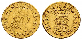 Ferdinand VI (1746-1759). 1/2 escudo. 1757. Madrid. JB. (Cal-561). Au. 1,74 g. Fourth bust. VF. Est...140,00. 

Spanish Description: Fernando VI (17...