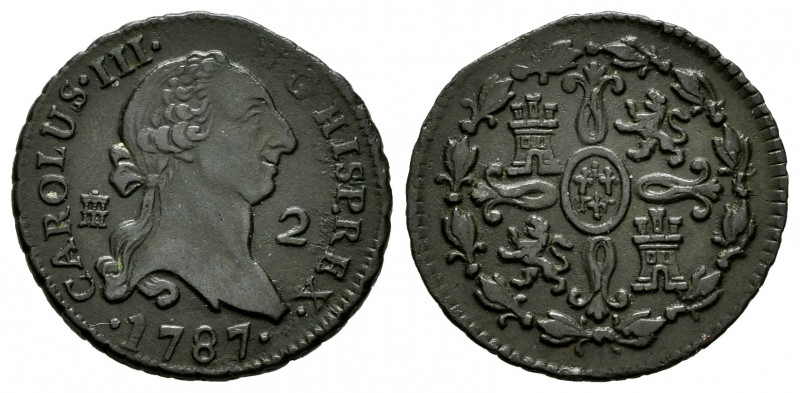 Charles III (1759-1788). 2 maravedis. 1787. Segovia. (Cal-46). Ae. 2,36 g. Recti...