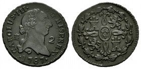 Charles III (1759-1788). 2 maravedis. 1787. Segovia. (Cal-46). Ae. 2,36 g. Rectified shield, 2/1 and 1/2 fleurs de lis. VF. Est...50,00. 

Spanish D...