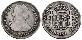 Charles III (1759-1788). 2 reales. 1786. Santiago. DA. (Cal-767). Ag. 6,59 g. Rare. Almost F/F. Est...170,00. 

Spanish Description: Carlos III (175...