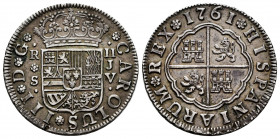 Charles III (1759-1788). 2 reales. 1761. Sevilla. JV. (Cal-773). Ag. 5,89 g. Choice VF. Est...70,00. 

Spanish Description: Carlos III (1759-1788). ...