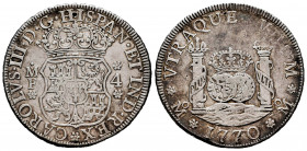 Charles III (1759-1788). 4 reales. 1770. México. MF. (Cal-883). Ag. 13,44 g. Punch marks. Scarce. VF. Est...200,00. 

Spanish Description: Carlos II...
