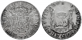 Charles III (1759-1788). 8 reales. 1760. México. MM. (Cal-1073). Ag. 26,86 g. Graffiti on reverse. Slightly cleaned. VF. Est...250,00. 

Spanish Des...