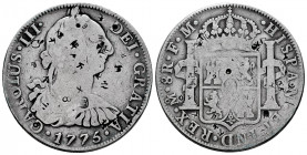 Charles III (1759-1788). 8 reales. 1775. México. FM. (Cal-1109). Ag. 26,44 g. Chop marks. F. Est...70,00. 

Spanish Description: Carlos III (1759-17...