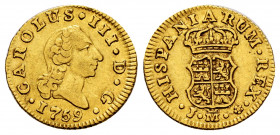 Charles III (1759-1788). 1/2 escudo. 1759. Madrid. J. (Cal-1240). Au. 1,78 g. "Rat nose" type. Scarce. Choice VF. Est...150,00. 

Spanish Descriptio...