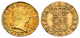 Charles III (1759-1788). 1/2 escudo. 1767. Madrid. PJ. (Cal-1251). Au. 1,63 g. "Rat nose" type. Welding on edge. VF. Est...150,00. 

Spanish Descrip...