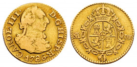 Charles III (1759-1788). 1/2 escudo. 1786. Madrid. DV. (Cal-1280). Au. 1,71 g. Almost VF. Est...120,00. 

Spanish Description: Carlos III (1759-1788...