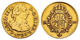 Charles III (1759-1788). 1/2 escudo. 1786. Madrid. DV. (Cal-1280). Au. 1,69 g. VF. Est...140,00. 

Spanish Description: Carlos III (1759-1788). 1/2 ...