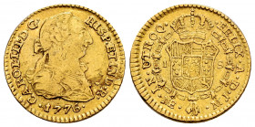 Charles III (1759-1788). 1 escudo. 1776. Lima. MJ. (Cal-1342). Au. 3,35 g. Very rare. A few specimens known. Small planchet flaw on obverse. Almost VF...