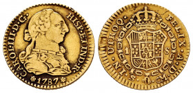 Charles III (1759-1788). 1 escudo. 1787. Sevilla. CM. (Cal-1505). Au. 3,34 g. Almost VF. Est...150,00. 

Spanish Description: Carlos III (1759-1788)...