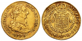 Charles III (1759-1788). 2 escudos. 1775. Santa Fe de Nuevo Reino. JJ. (Cal-1692). (Restrepo-61-9). Au. 6,75 g. Nicks on edge. Choice VF. Est...320,00...