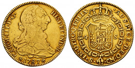 Charles III (1759-1788). 4 escudos. 1787. Sevilla. CM. (Cal-1902). Au. 13,43 g. Almost VF/VF. Est...550,00. 

Spanish Description: Carlos III (1759-...