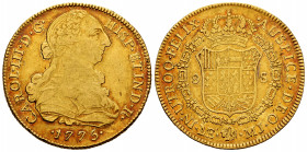 Charles III (1759-1788). 8 escudos. 1775. Lima. MJ. (Cal-1935). Au. 26,91 g. Hairlines on obverse. VF. Est...1200,00. 

Spanish Description: Carlos ...