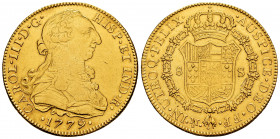 Charles III (1759-1788). 8 escudos. 1779. México. FF. (Cal-2008). (Cal onza-772). Au. 26,96 g. Without pellet between assayers. Inverted mintmark and ...