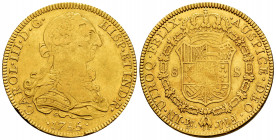 Charles III (1759-1788). 8 escudos. 1785. México. FM. (Cal-2020). (Cal onza-784). Au. 26,91 g. Inverted mintmark and assayer. Minor nicks on edge. Alm...