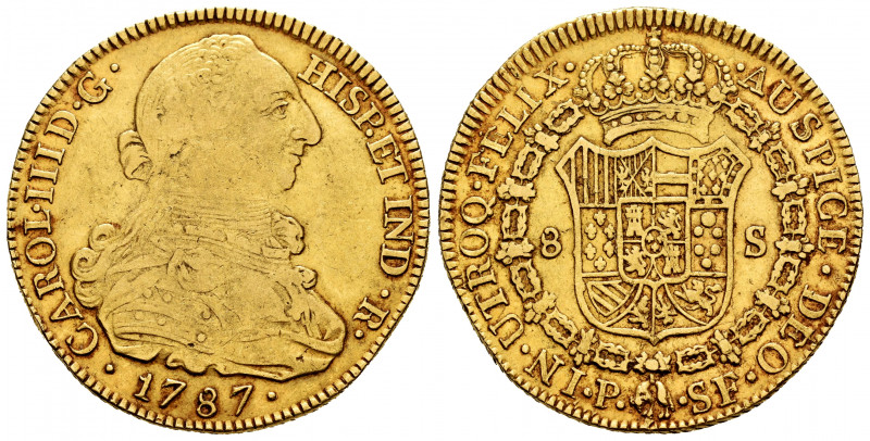Charles III (1759-1788). 8 escudos. 1787. Popayán. SF. (Cal-2056). Au. 26,82 g. ...