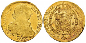 Charles III (1759-1788). 8 escudos. 1780. Santiago. DA. (Cal-2161). (Cal onza-1184). Au. 27,02 g. Hairlines. Original luster. Almost XF. Est...1500,00...