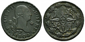 Charles IV (1788-1808). 4 maravedis. 1804. Segovia. (Cal-51). Ae. 5,50 g. Choice VF. Est...25,00. 

Spanish Description: Carlos IV (1788-1808). 4 ma...