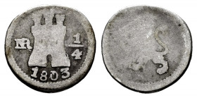 Charles IV (1788-1808). 1/4 real. 1803. Santa Fe de Nuevo Reino. (Cal-175). (Restrepo-75-17). Ag. 0,78 g. Rare. F/Almost F. Est...110,00. 

Spanish ...