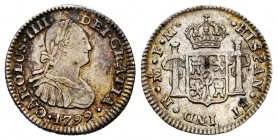 Charles IV (1788-1808). 1/2 real. 1799. México. FM. (Cal-283). Ag. 1,68 g. Choice VF. Est...110,00. 

Spanish Description: Carlos IV (1788-1808). 1/...