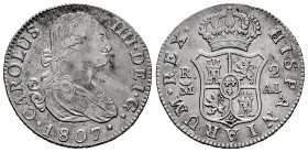 Charles IV (1788-1808). 2 reales. 1807. Madrid. AI. (Cal-617). Ag. 5,96 g. VF/Choice VF. Est...40,00. 

Spanish Description: Carlos IV (1788-1808). ...