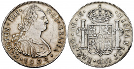 Charles IV (1788-1808). 8 reales. 1804. Guatemala. M. (Cal-894). Ag. 26,72 g. Scratch on reverse. Slight defect on edge. Attractive. Almost XF. Est......