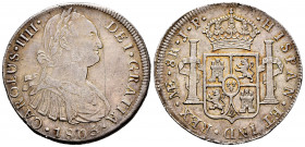 Charles IV (1788-1808). 8 reales. 1805. Lima. JP. (Cal-925). Ag. 26,41 g. Hairlines on obverse. Tone. Choice VF. Est...90,00. 

Spanish Description:...