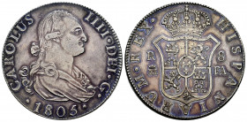 Charles IV (1788-1808). 8 reales. 1805. Madrid. FA. (Cal-943). Ag. 26,65 g. Lightly toned. Almost XF. Est...250,00. 

Spanish Description: Carlos IV...
