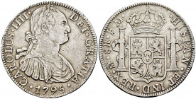 Charles IV (1788-1808). 8 reales. 1795. México. FM. (Cal-958). Ag. 26,64 g. Almost VF. Est...65,00. 

Spanish Description: Carlos IV (1788-1808). 8 ...