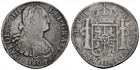 Charles IV (1788-1808). 8 reales. 1804. México. TH. (Cal-980). Ag. 26,44 g. Scratches. Choice F/Almost VF. Est...65,00. 

Spanish Description: Carlo...