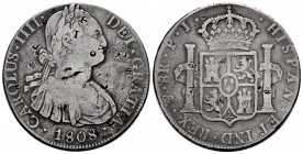 Charles IV (1788-1808). 8 reales. 1808. Potosí. PJ. (Cal-1014 var). Ag. 26,66 g. Chop marks. Choice F/F. Est...50,00. 

Spanish Description: Carlos ...