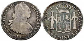 Charles IV (1788-1808). 8 reales. 1806. Santiago. FJ. (Cal-1047). Ag. 25,69 g. Rare. Almost VF. Est...300,00. 

Spanish Description: Carlos IV (1788...