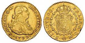 Charles IV (1788-1808). 1 escudo. 1792. Madrid. MF. (Cal-1109). Au. 3,47 g. Small planchet flaw on obverse. Choice VF. Est...200,00. 

Spanish Descr...