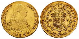 Charles IV (1788-1808). 2 escudos. 1800. Madrid. MF. (Cal-1297). Au. 6,76 g. Almost VF/VF. Est...300,00. 

Spanish Description: Carlos IV (1788-1808...