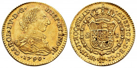 Charles IV (1788-1808). 2 escudos. 1790. Santa Fe de Nuevo Reino. JJ. (Cal-1382). (Restrepo-87-4). Au. 6,68 g. Bust of Charles III and Ordinal IV. Sca...