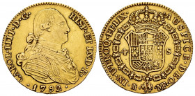 Charles IV (1788-1808). 4 escudos. 1798. Madrid. MF. (Cal-1475). Au. 13,44 g. Choice VF. Est...550,00. 

Spanish Description: Carlos IV (1788-1808)....