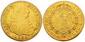 Charles IV (1788-1808). 8 escudos. 1805. Santa Fe de Nuevo Reino. JJ. Au. 26,99 g. Jewelry counterfeit. Choice VF. Est...1100,00. 

Spanish Descript...
