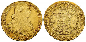 Charles IV (1788-1808). 8 escudos. 1806. Santa Fe de Nuevo Reino. JJ. (Cal-1747). (Cal onza-1146). (Restrepo-97-36). Au. 26,95 g. Without dot after th...