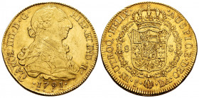 Charles IV (1788-1808). 8 escudos. 1791. Santiago. DA. (Cal-1756). (Cal onza-1155). Au. 27,07 g. Bust of Charles III and ordinal of king IIII. Strike ...