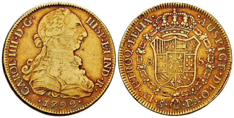 Charles IV (1788-1808). 8 escudos. 1792. Santiago. DA. (Cal-1757). Au. 26,91 g. ...